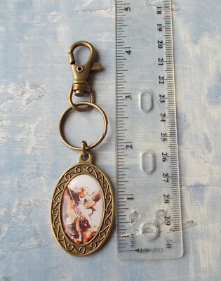 Unique ARCHANGEL St MICHAEL epoxy Key Chain Ring with clip~bronze~