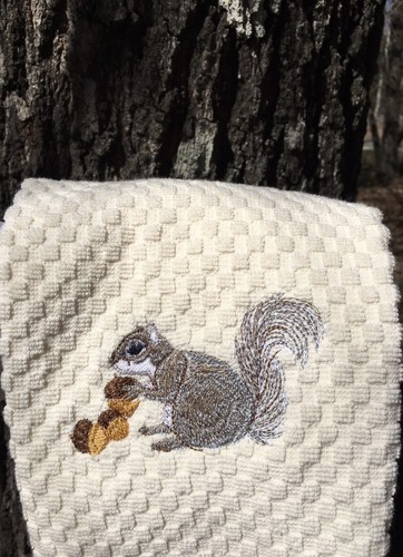 Embroidered Gray Squirrel Ivory Cream Terry Kitchen Waffle Weave Hand Dish Towel - Picture 4 of 4