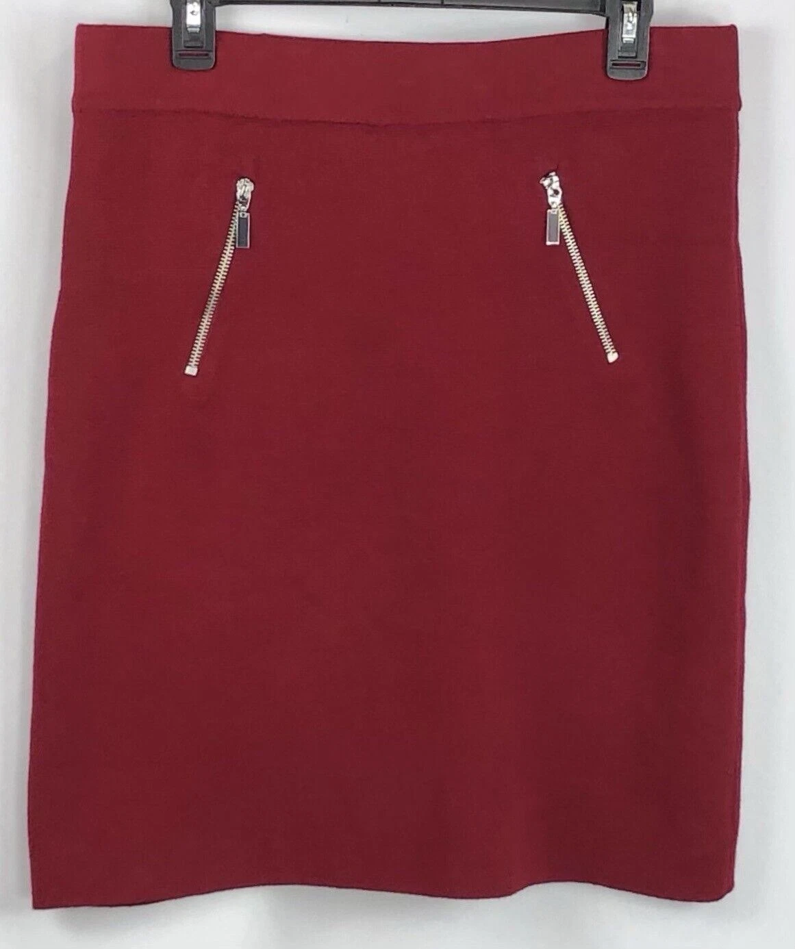 Alfani Sweater Knit Straight Skirt M Red Zippers 32"W Knee Length Office Punk