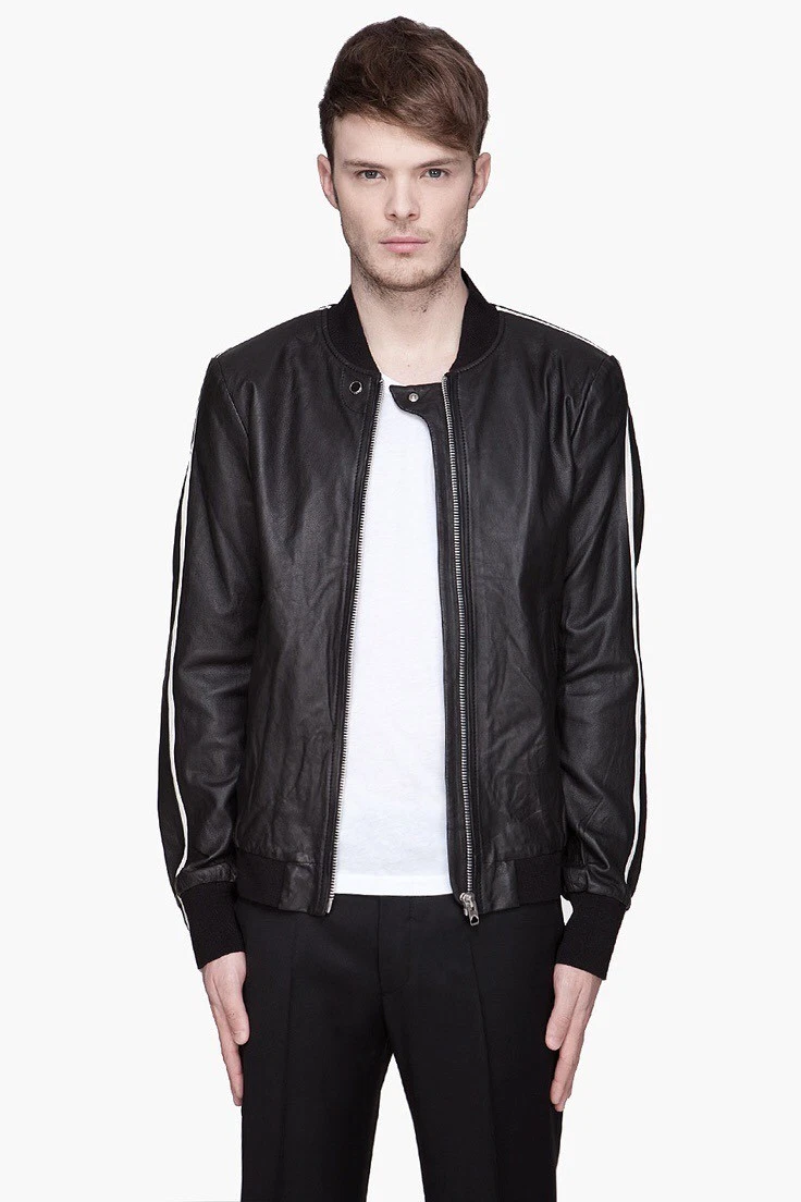 Diesel Black Gold Black Leather Racing Stripe Bomber Jacket Size L