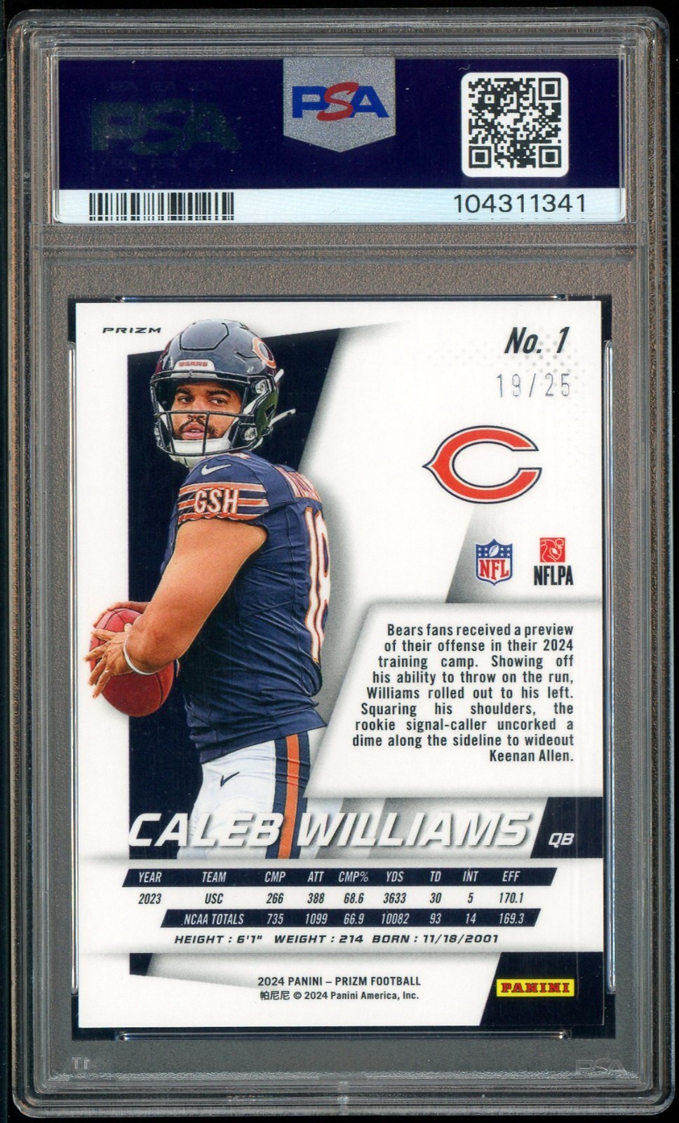 2024 Panini Mojo Prizm Flashback #1 Caleb Williams Bears RC Rookie 19/25 PSA 10 view 2