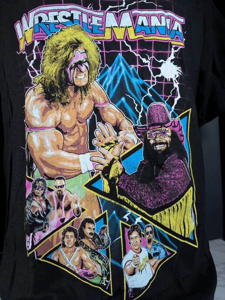 Camisa WWE Wrestlemania VI Warrior Savage Piper Hart Jake Hombres Talla Grande Negra SS Foto 3 de 4