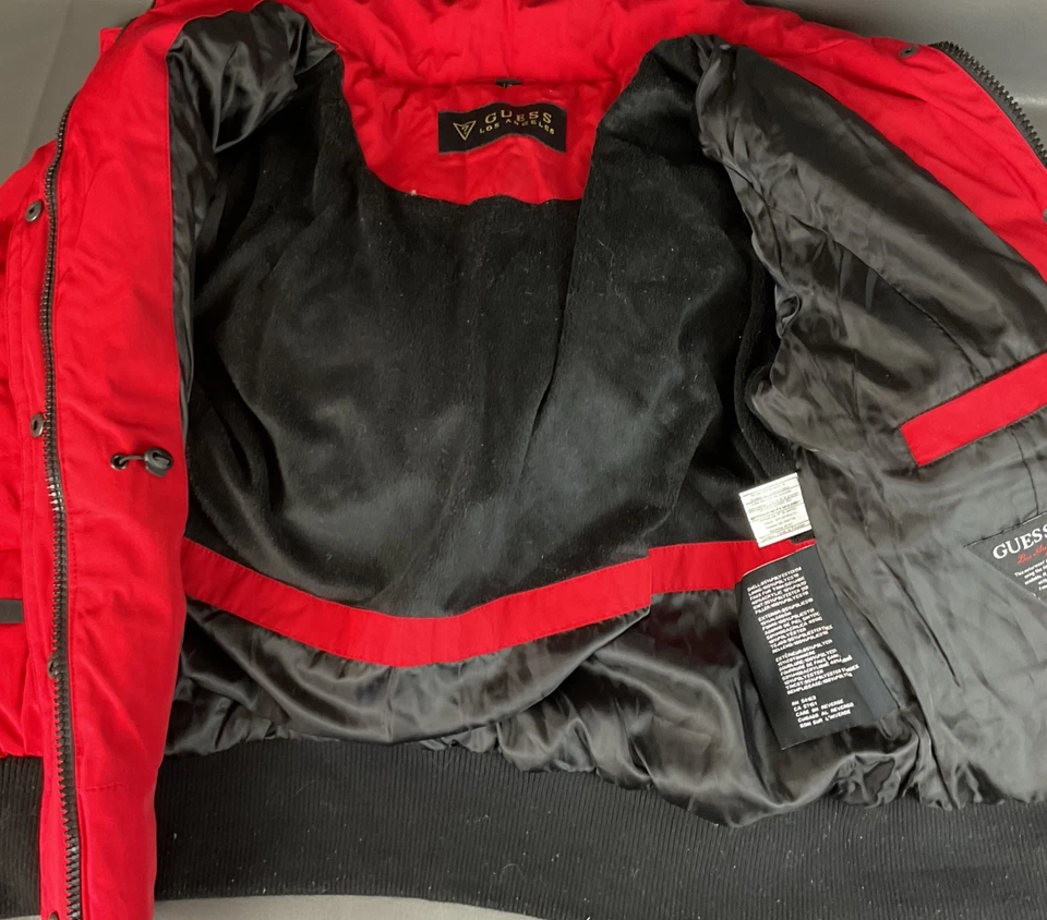 Guess Men's Red Faux-Fur Trim Hooded Long Snorkel Parka Coat Jacket Size L - Image 4 of 4