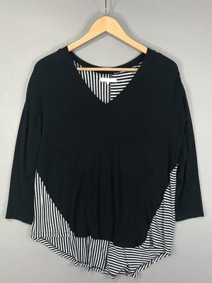 Une Ame Top Womens Large Black White Striped Patchwork Pullover Shirt V-Neck 3/4