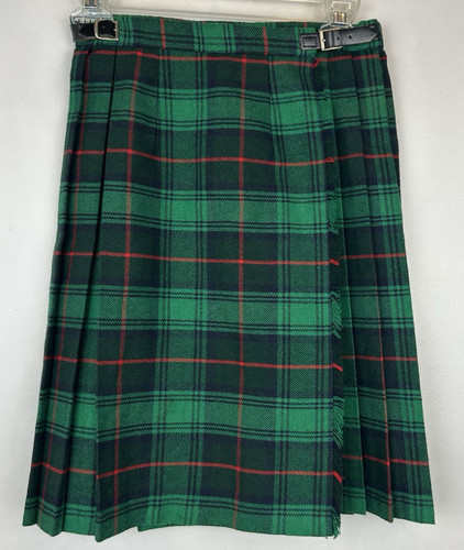 Vintage Kilt Scottish Tartan Sz 30 Green Pleated Leather Buckles Waist 24"