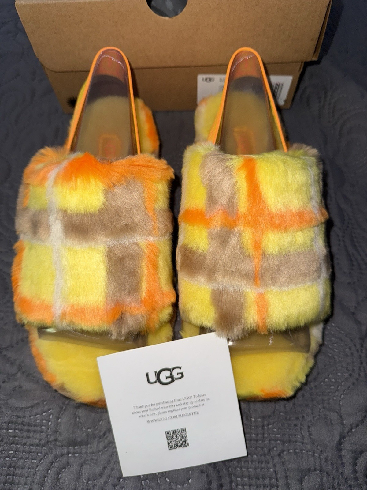 PANTOFOLA D’ORO Pantofole UGG donna Fluff Yeah Slide giallo canarino a quadri taglia 6 nuove con scatola