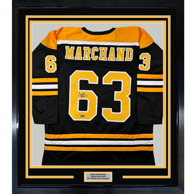 Framed Facsimile Autographed Brad Marchand 33x42 Black Reprint Laser Auto Jersey