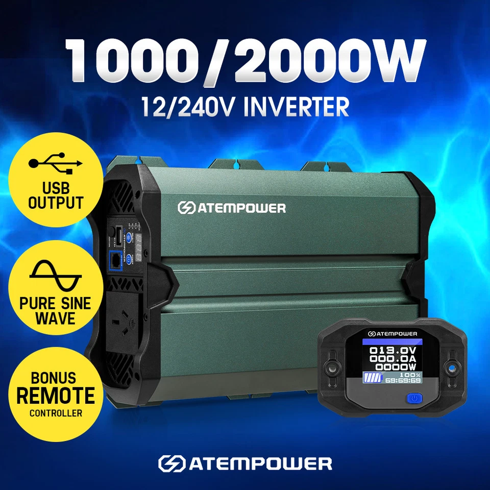 Atem Power 1000W/2000W Pure Sine Wave Inverter 12V to 240V Remote Control Boat