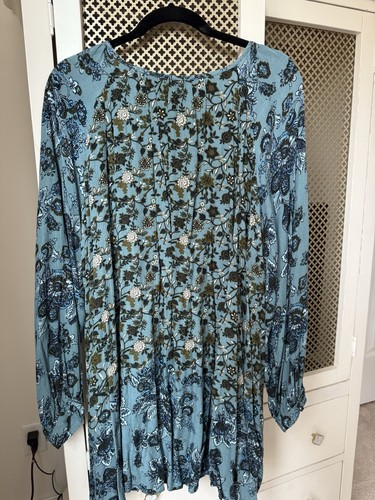 FREE PEOPLE Lucky Loosey Mini Dress Blue Sage Combo Boho Size Large Oversized - Bild 2 von 8