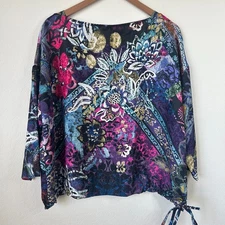 Fuzzi Top Womens 46 Purple Art To Wear Floral Boat Neck Side Tie Blouse L