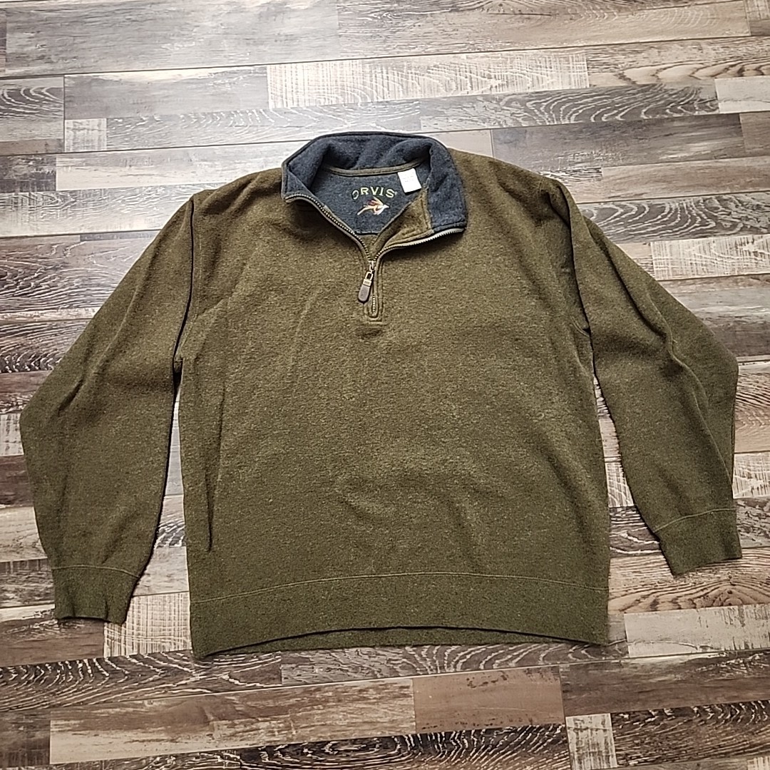 ORVIS Mens Sweater Merino Wool Quarter Zip Pullover Large Green 1/4 Zip