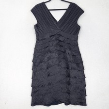 Adrianna Papell Dress Womens 12 Black Tiered Ruffle Sheath V Neck Cocktail