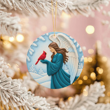 Angel Holding Cardinal Ornament, Memorial Sympathy Gift, Visitor from Heaven Art