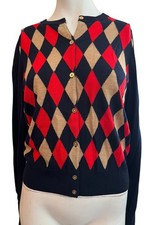 J Crew Womens Medium Blue Red Jackie Cardigan Argyle Merino Wool Lightweight