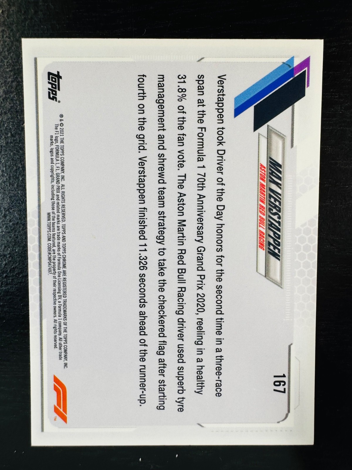 2021 Max Verstappen Checker Refractor Topps Chrome #167 F1 Formula 1 view 2