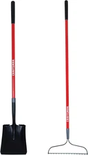 2-Piece Garden Tool Set with Transfer Shovel and Bow Rake, Fiberglass Handles, C