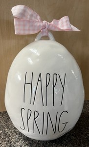 Rae Dunn “Happy Spring” 9” Easter Egg With Pink Checkered Ribbon 