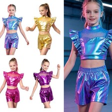 Kids Girls 2 Piece Metallic Sequin Dance Outfit Set Activewear Dancewear Costume