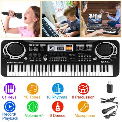 Digital Piano Keyboard 61 Key Portable Electronic Professional Instrument w/ Mic