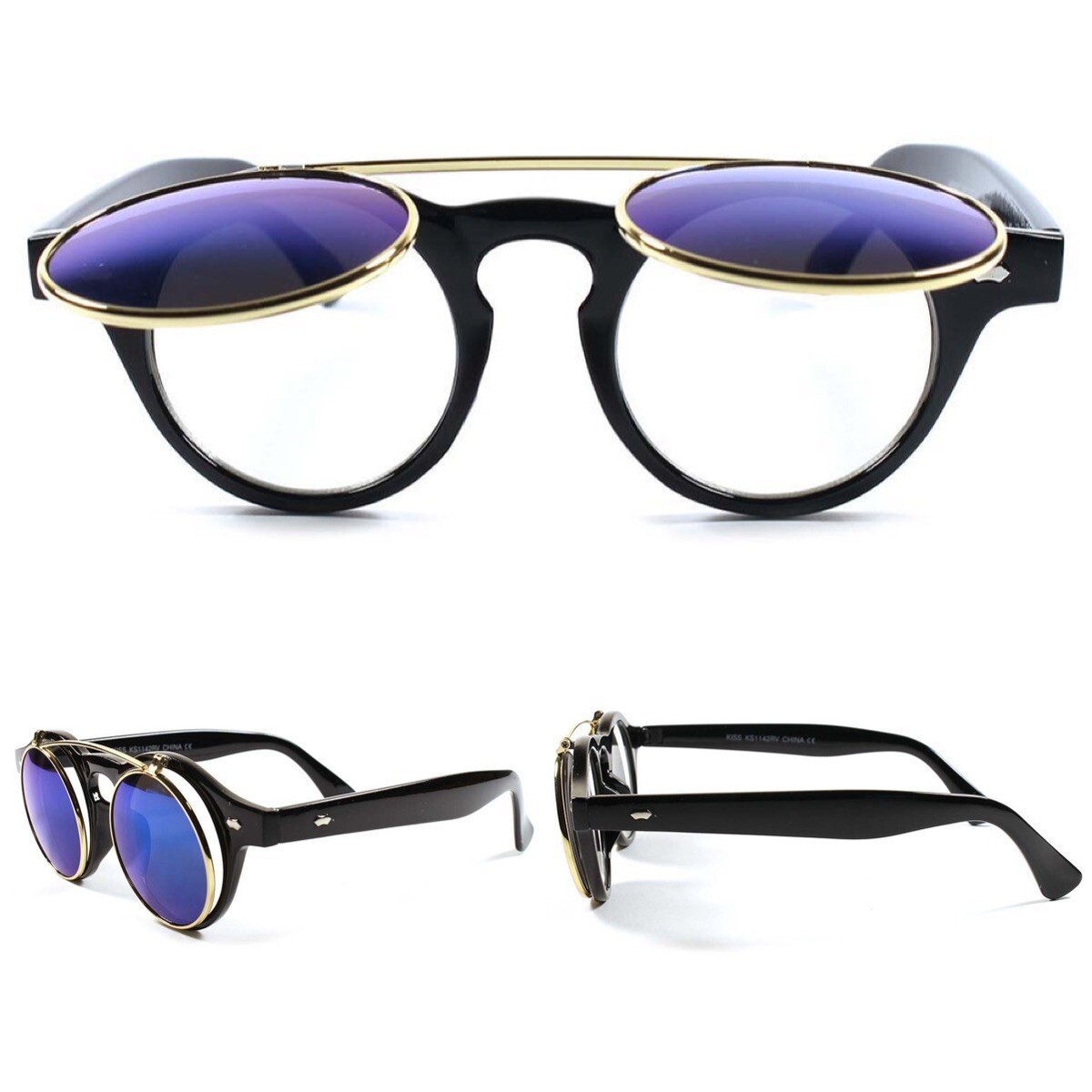Flip Up Blue Mirrored Lens Funky Vintage Retro Round Party 
