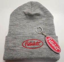Peterbilt Truck Embroidered Red Logo Gray Winter Beanie Cap/ Free Keychain Gift