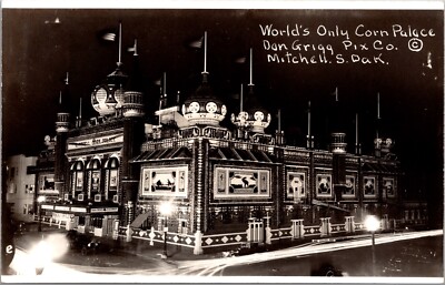 Real Photo Postcard Night View of the Corn Palace in Mitchell, South Dakota