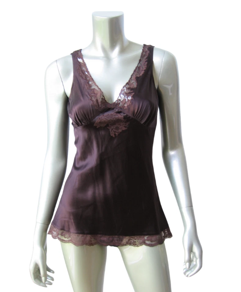 www.prominentresults.com :IN0018 Zariah NEW Women's Brown Embroidery Lace Liquid Silk Babydoll Chemise XS