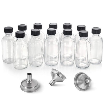 12 Pack 2 oz Small Clear Glass Bottles w/ Lid & 3 Funnels Travel Bottle