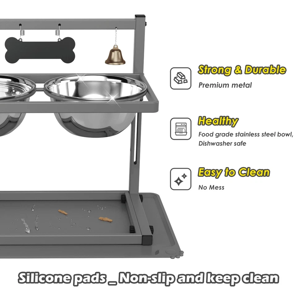 Серая поднятая миска для собак с двумя чашами для еды из нержавеющей стали 1700 мл, медленная... - Изображение 4 из 4