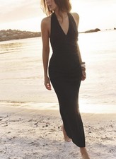 Zara Black Linen Blend Halterneck Slip Midi Summer Dress Size L 12 