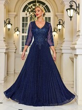 Fast Shipping V-Neck Navy Glittery Formal Evening Gown Mother of the Bride Dress