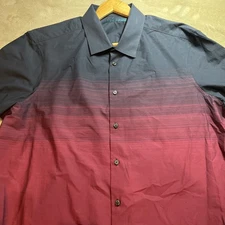 Perry Ellis Button Down Short Sleeve Rare Ombre Stripe men’s XL NAVY BLUE / RED 