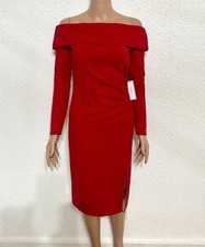 Premier Amour Red Off-Shoulder LS Knee-Length Sheath Ruched Poly-Spandex NWT 4