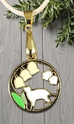 Cat Pendant Necklace Enamel Cat floral Goldtone Design Soft 18'' Cord 