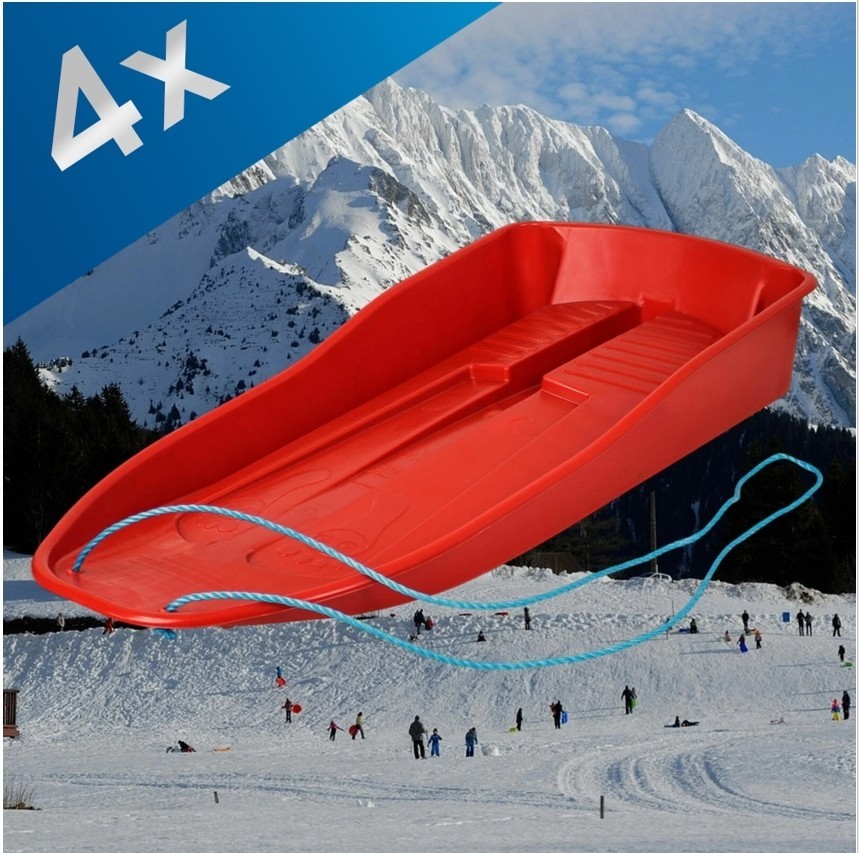 4x Large Kids Snow Sled Sledge Toboggan, Heavy Duty Plastic with Rope - Red
