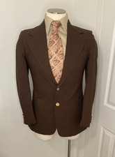 Vtg 70's Mens Brown Polyester Wide Lapel Brass Button Blazer, The Sovereign, 38L