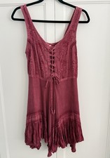 Whimsigoth Lace Up Corset Maroon Floral Embroidery Ruffle Tiered Hemline Medium