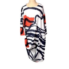 ForCynthia Dress Women Small Linen Blend Abstract Print White Multi Gather Lagen