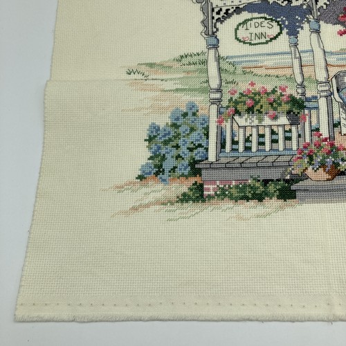 Completed Vintage Cross Stitch Tides Inn Porch Coastal Getaway Unframed 18 x 15" - Picture 3 of 13