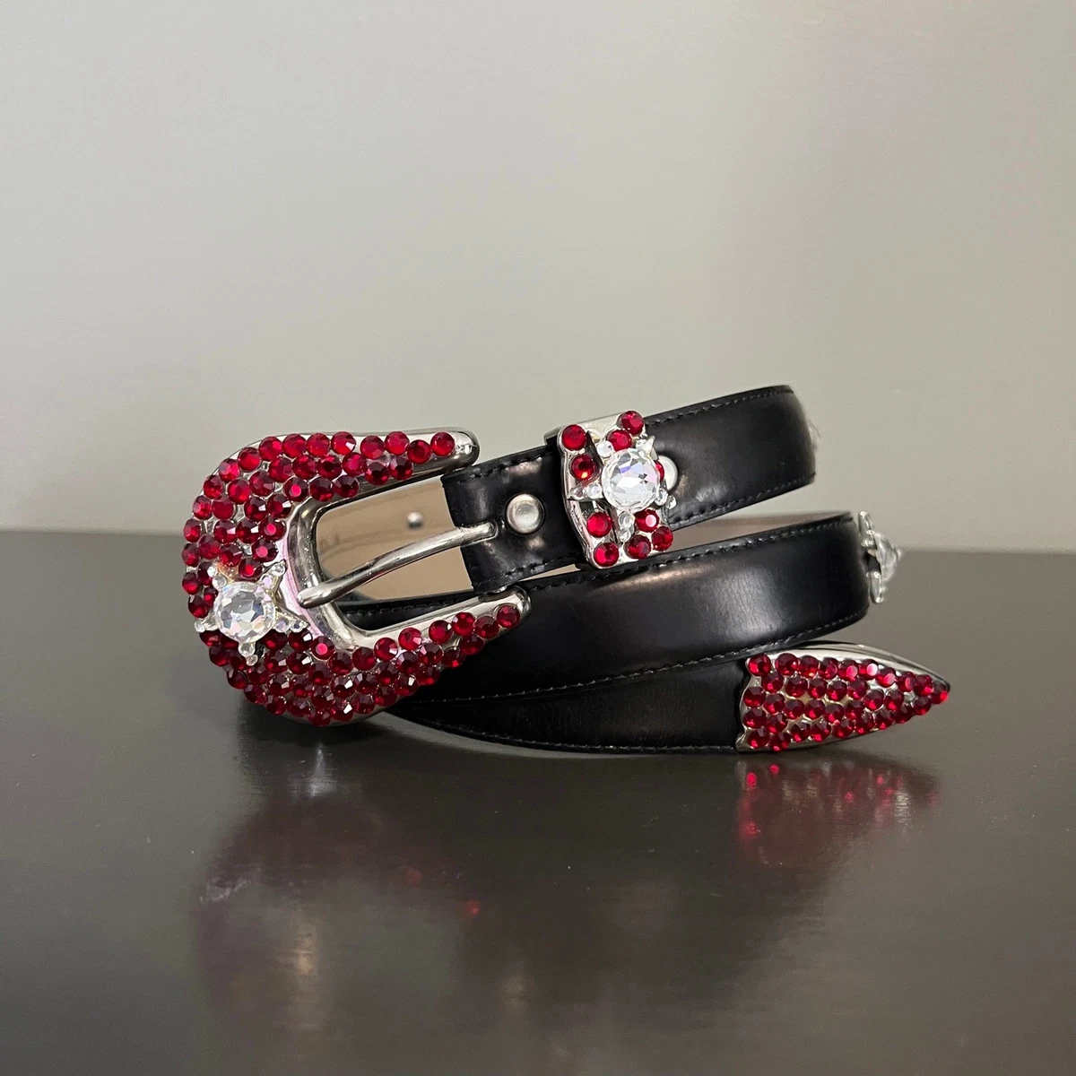 Simon Italy Black Leather Red Rhinestone Western Glam Belt XL Crystal Star rock il_fullxfull.6837966408_cr0g.jpg main image 3