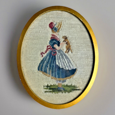 Vintage Oval Framed Needlepoint of Girl With Puppy 9.5'' x 7.6'' Framed W/ Glass