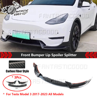 For Tesla Model 3 2017-23 Carbon Fiber Style Front Bumper Lip Splitter 3Pcs Kit