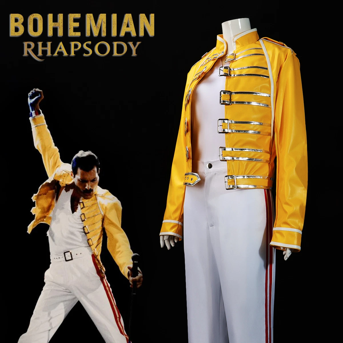 Queen Lead Vocals Freddie Mercury Cosplay Costume Yellow Leather Jacket  Coat