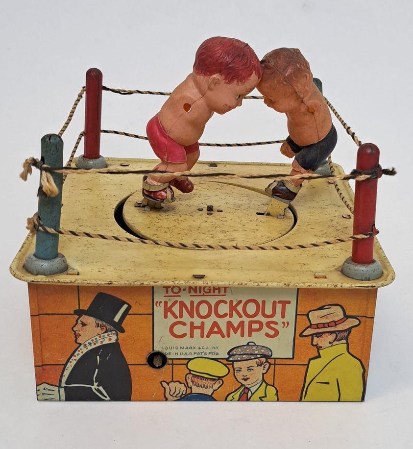 Vintage Louis Marx Tin Litho Wind-Up To-Night Knockout Champs Boxing Ring Boxers