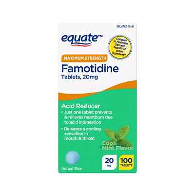 Equate Maximum Strength Famotidine, 20 mg Tablets, Cool Mint Flavor, 100 Count