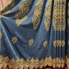 Luxury Floral Embroidery Blue Gold Semi Blackout Chenille Curtain Panel 1 Panel