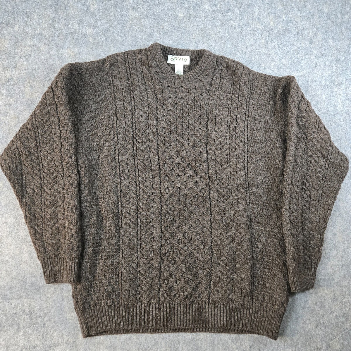 Orvis Sweater Mens XXL Brown Wool Crewneck Cable Knit Fisherman Ireland  Chunky