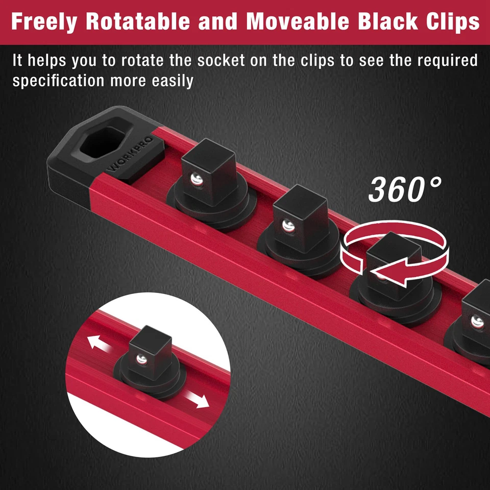 1/2-Inch Drive Magnetic Socket Organizer Aluminum Alloy Socket Rail Holder (Red) - Image 3 of 4