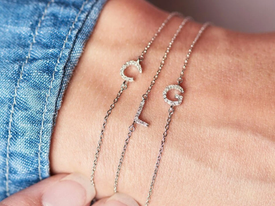 Diamond Letter Bracelet Tiny diamond Initial bracelet 14K Solid Gold bracelet - Image 2 of 4