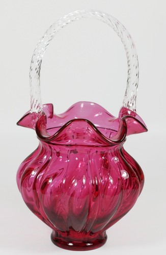 Beautiful Vintage Fenton Art Glass Cranberry Basket With Clear Handle